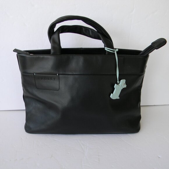 RADLEY LONDON BLACK LEATHER TOTE HANDBAG W/BLUE SCOTTY DOG DETAIL - Picture 1 of 10